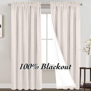Prince Deco Ivory Linen Textured Blackout Curtains with White Liner Rod Pocket 2